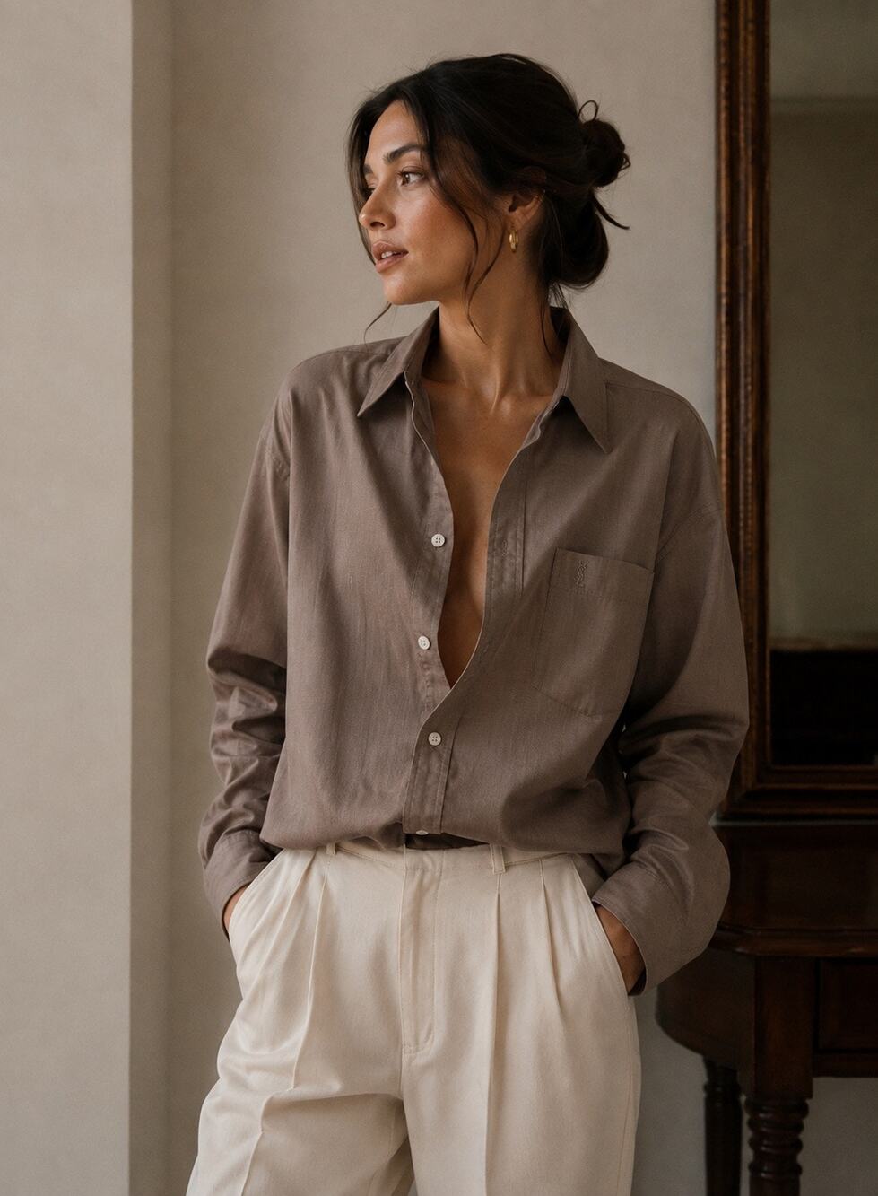 Vintage Yves Saint Laurent Oversized Brown Button Down Shirt YSL Logo Large